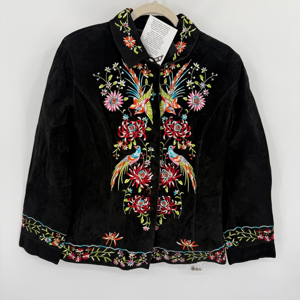 Avanti New York Black Suede Embroidered Floral Bird Jacket Small NWT